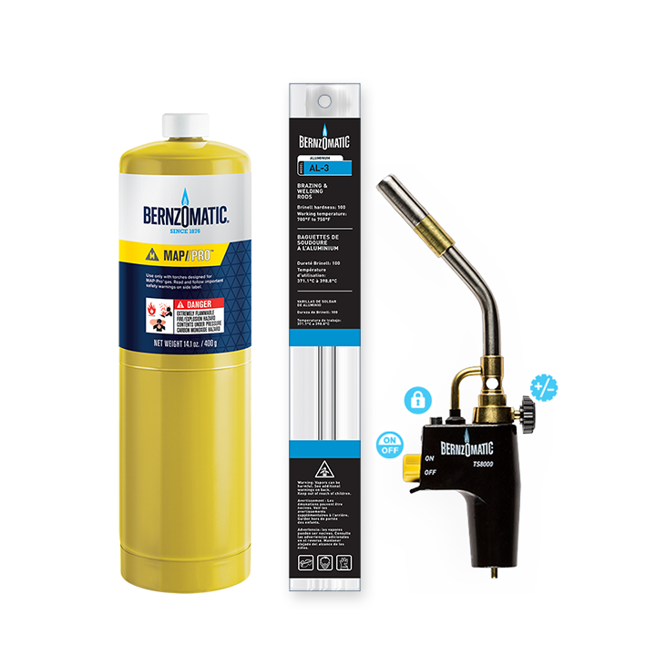 Bernzomatic TS8000 aluminiumsoldeerset met brander, gasfles en soldeerstaven
